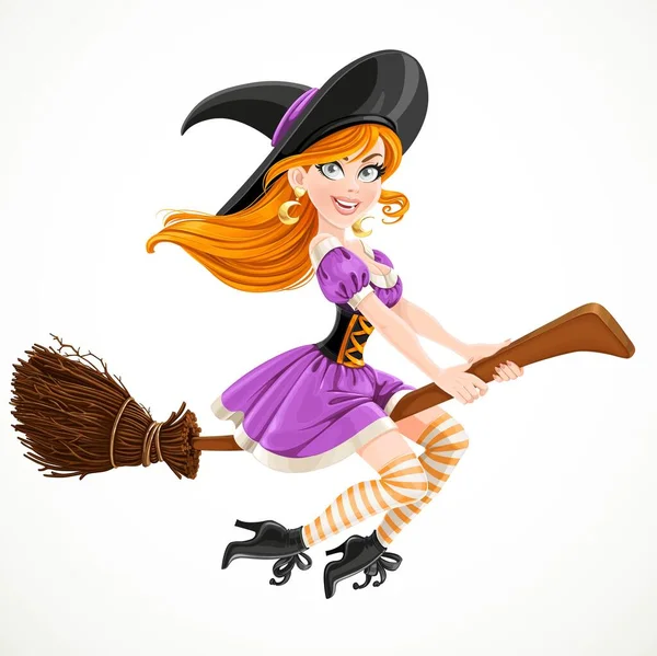 Cute Redheaded Witch Purple Dress Flying Broom Isolated White Background — Stock Vector