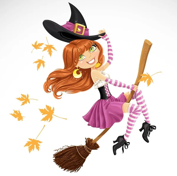 Beautiful Witch Flying Broomstick Isolated White Background — Stock Vector