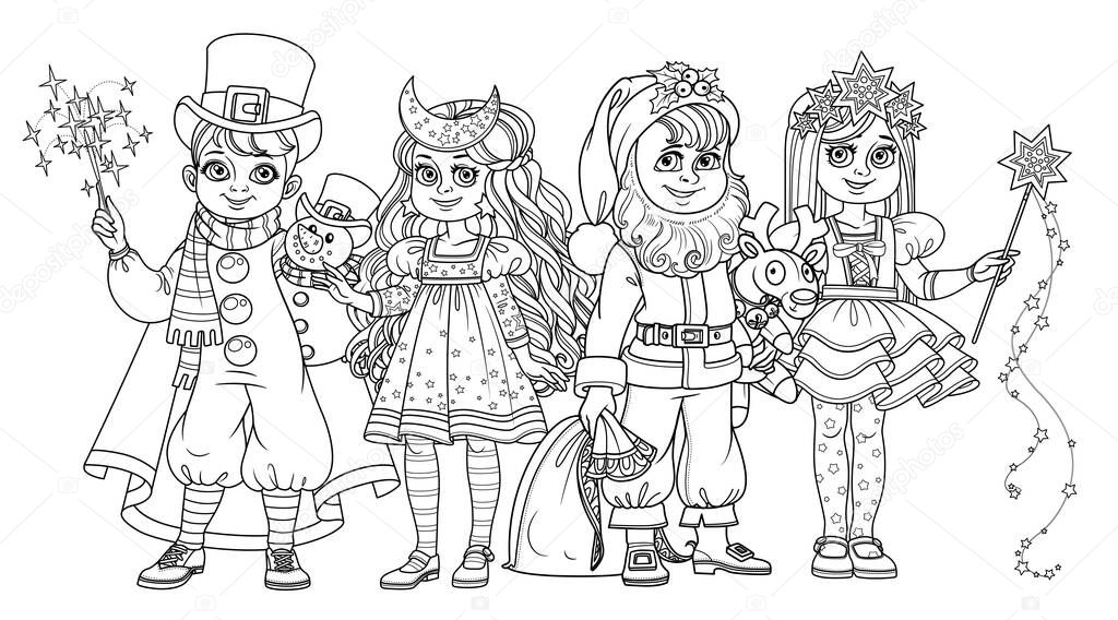 Children in carnival costumes Christmas characters Santa Claus,Star, Christmas night, snowman outlined for coloring page