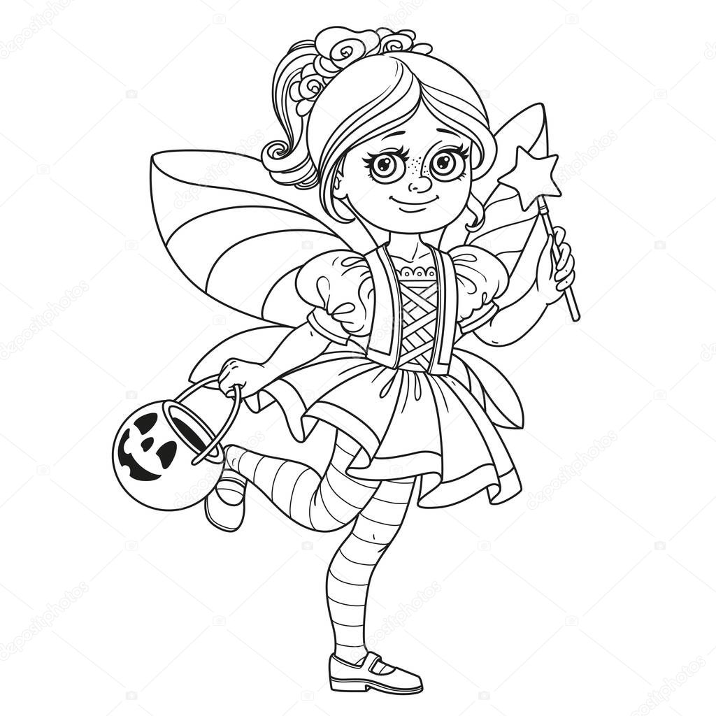 Cute girl in fairy costume holding a pumpkin bag for sweets  trick or treat outlined for coloring page