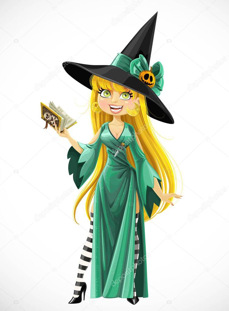 Beautiful young witch with a book stand on white background