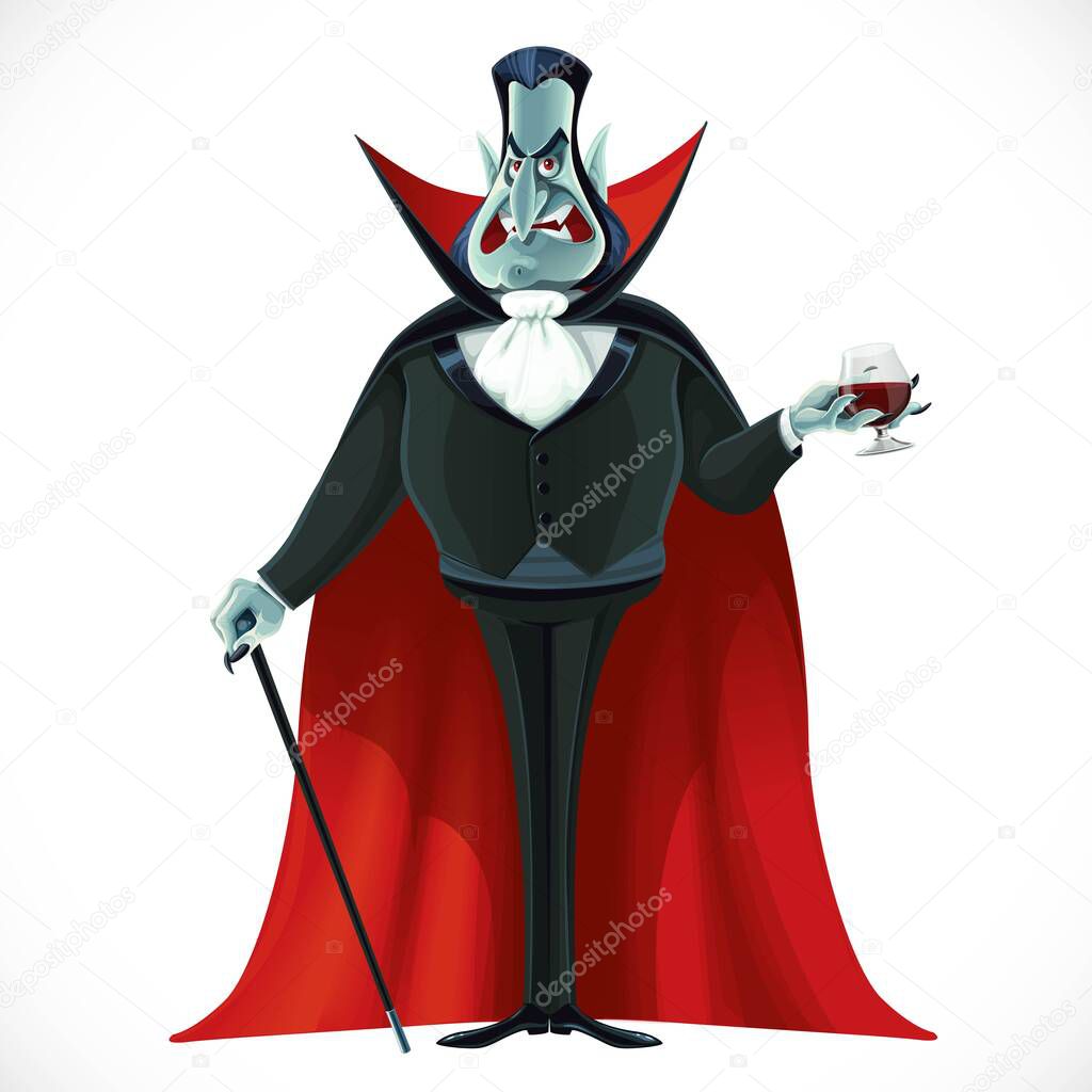 Vampire in cape and with walking stick hold glass of blood isolated on white background. Cartoon character
