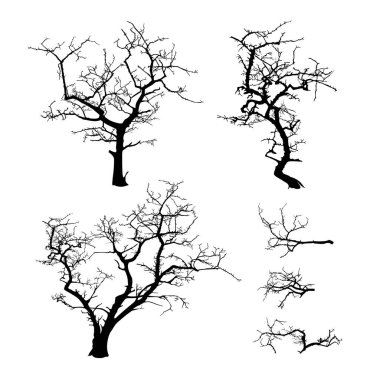 Beyaz arkaplanda izole edilmiş korkunç ağaç vektör çizimlerinden oluşan siyah siluetler.