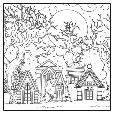 Terk edilmiş korkunç mezarlık, beyaz arka planda izole edilmiş renklendirme için büyük ağaçlar ve mahzenler.