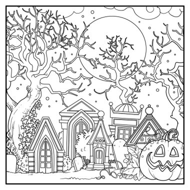 Terk edilmiş korkunç bir mezarlık. Beyaz arka planda izole edilmiş boyalar, büyük ağaçlar ve balkabağı doğrusal çizimleri var.