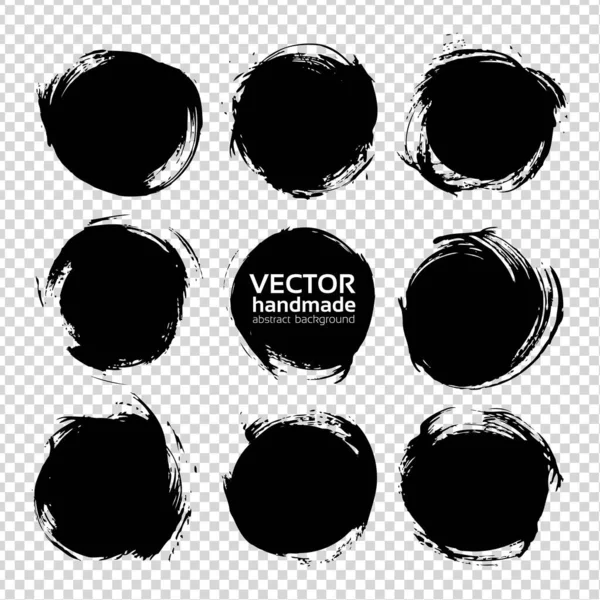 Conjunto Frotis Texturizados Abstractos Negros Redondos Aislados Sobre Fondo Transparente — Vector de stock
