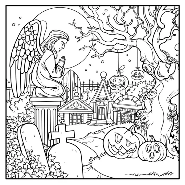 Halloween Background Cemetery Crypts Pumpkins Old Tree Outlined Coloring Page — Stock Vector