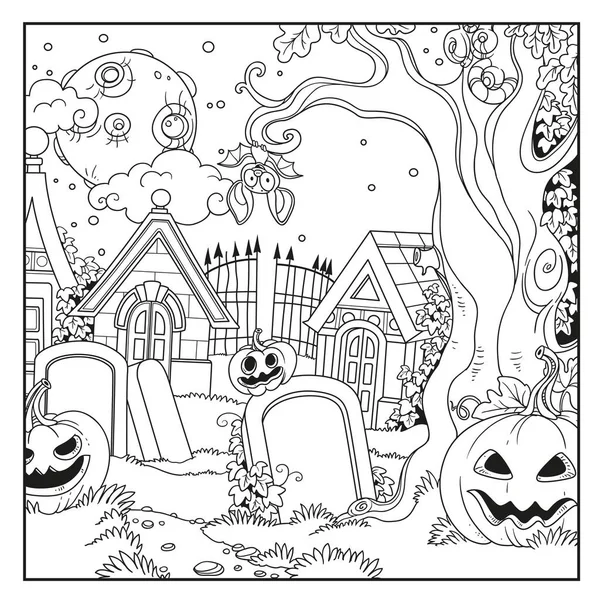 Cementerio Fondo Halloween Criptas Con Calabazas Delineadas Para Colorear Página — Vector de stock