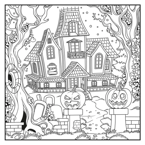 Fondo Halloween Con Casa Bruja Delineado Para Colorear Página — Archivo Imágenes Vectoriales