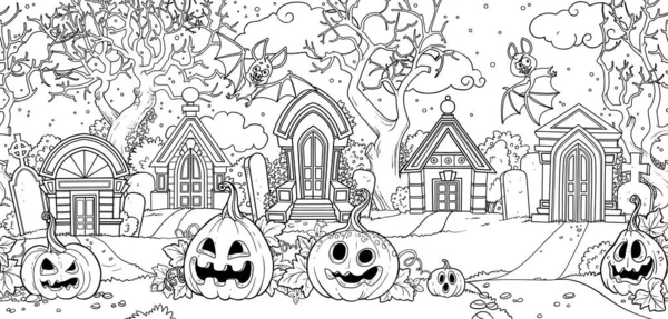 Sömlös Bakgrund Från Skrämmande Gammal Kyrkogård Med Halloween Pumpor Och — Stock vektor