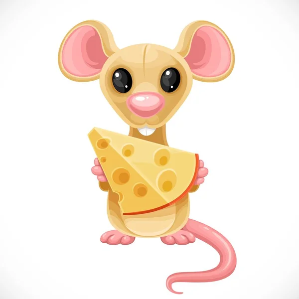 Nettes Cartoon Spielzeug Beige Ratte Halten Stück Käse Isoliert Auf — Stockvektor