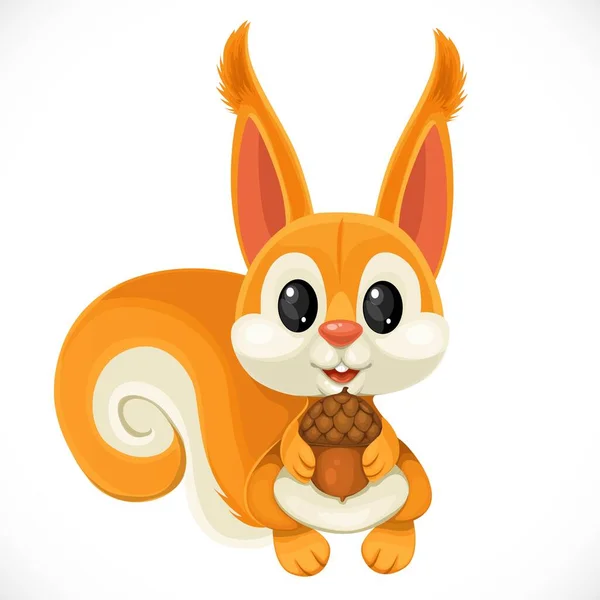 可爱的卡通玩具毛茸茸的松鼠 耳朵上有小穗 爪子上有橡果 白色背景隔离 — 图库矢量图片