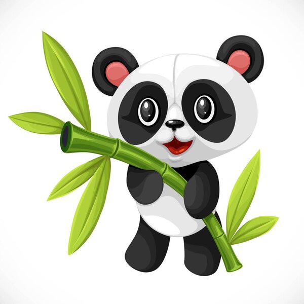 Cute cartoon toy little bear panda hugging bamboo isolated on white background