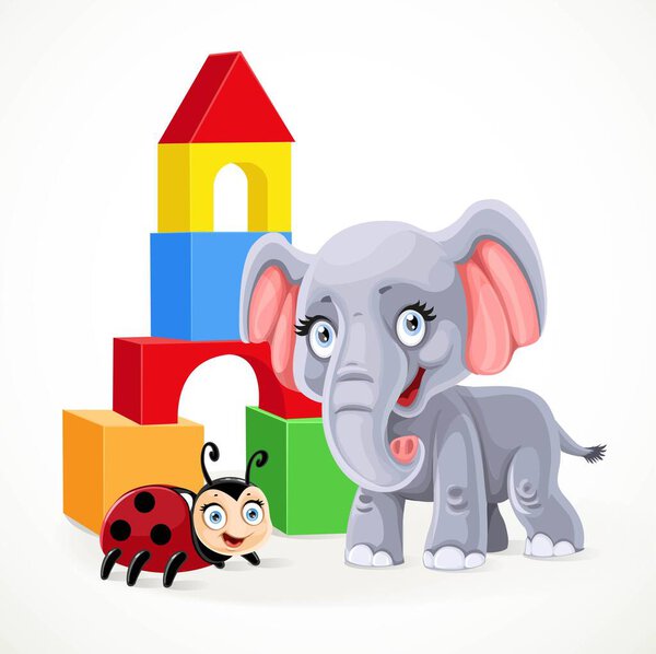 Пирамида кубиков, слоненок и божья коровка игрушки на белом фоне
