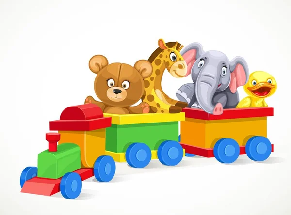 Spielzeugeisenbahn Mit Stofftieren Auf Dem Zug Isoliert Auf Weißem Hintergrund — Stockvektor