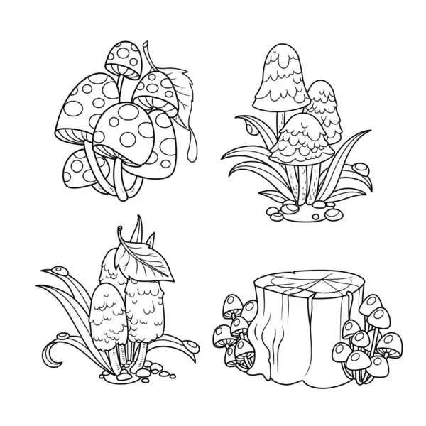 Poisonous Mushrooms Set Outlined Coloring Page — Stock Vector
