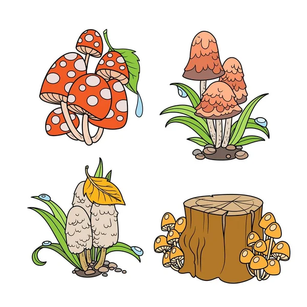 Poisonous Mushrooms Set Color Line Art White Background — Stock Vector