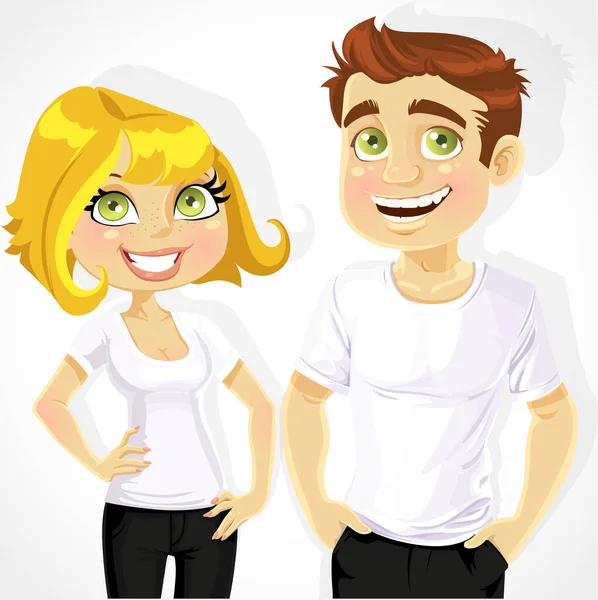 かわいい男と女はあなたの会社のロゴのプリントの下に白いTシャツを示しています — ストックベクタ