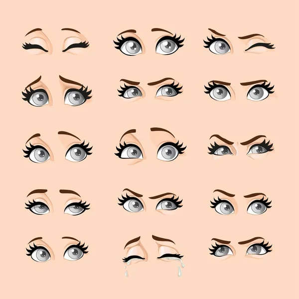 Beautiful Cartoon Female Gray Eyes Different Emotional Expressions Flesh Colored — Stock Vector