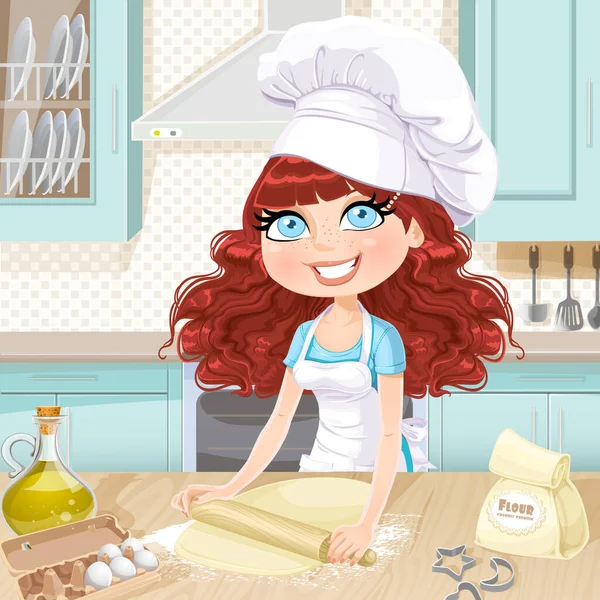 Cute Curly Hair Girl Baking Cookies Isolated Kitchen — Stock Vector