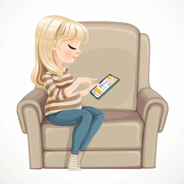 Beautiful Pregnant Blond Woman Sitting Armchair Use Electronic Tablet Information — Stock Vector