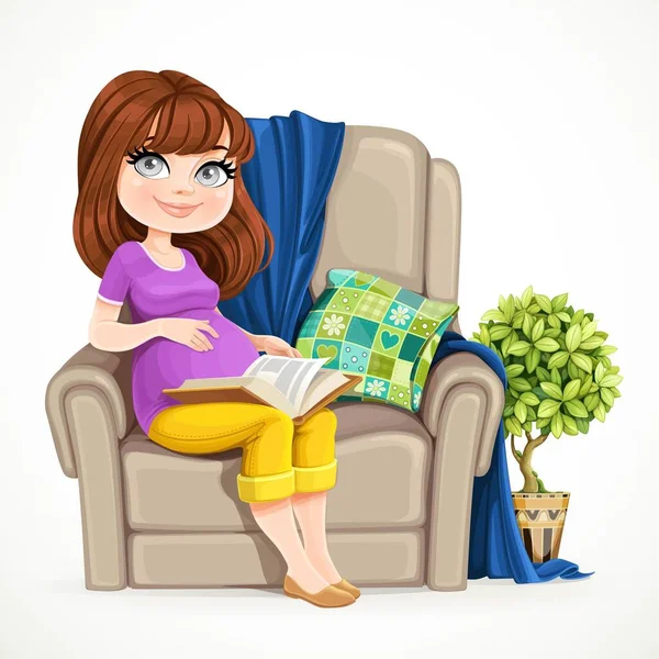 Belle Femme Enceinte Assise Dans Fauteuil Confortable Lisant Livre Isolé — Image vectorielle