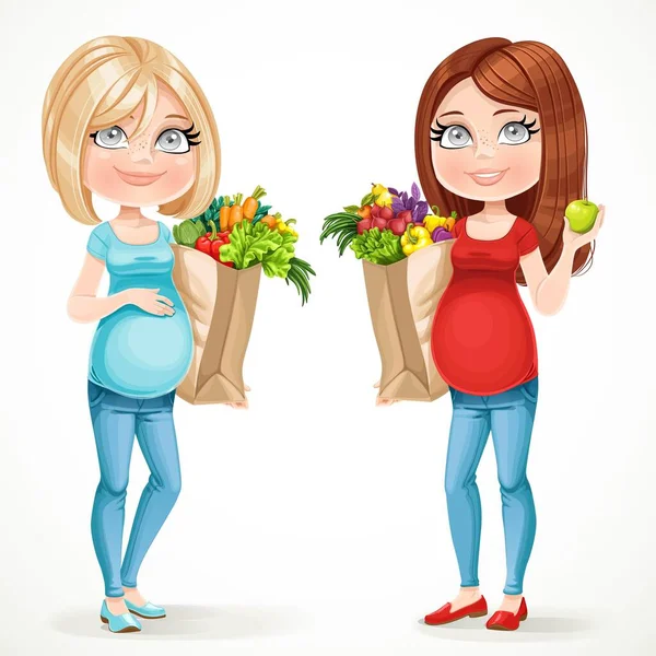 Dwie Słodkie Kobiety Ciąży Blondynka Brunetka Papierowymi Torbami Świeże Owoce — Wektor stockowy