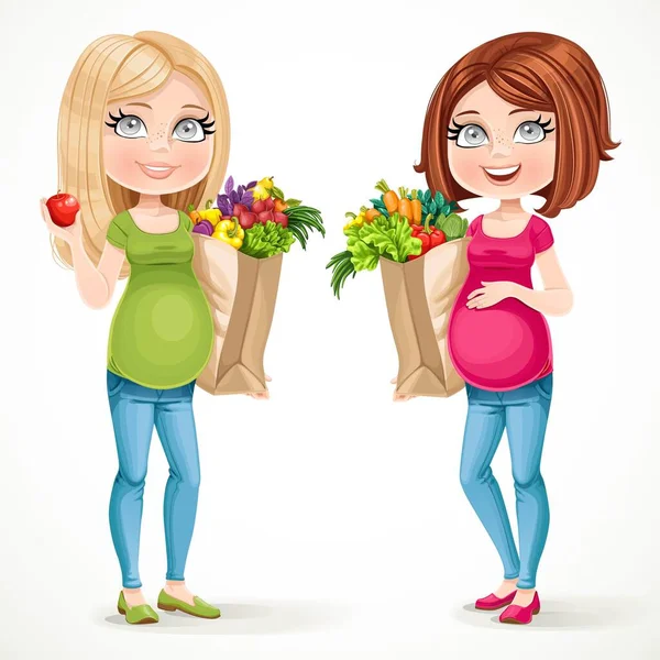 Two Cute Pregnant Women Blond Brunette Paper Bags Fresh Fruits — Stock Vector