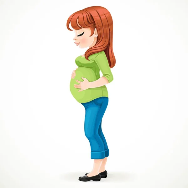 Mignonne Femme Brune Enceinte Debout Dans Profil Sur Fond Blanc — Image vectorielle