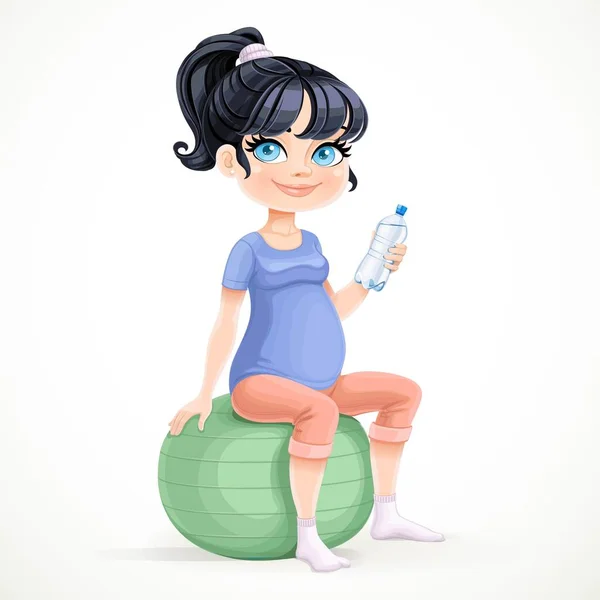 可爱的怀孕的黑发女人坐在绿色的适配球上 用白色背景隔离的瓶子盛水 — 图库矢量图片