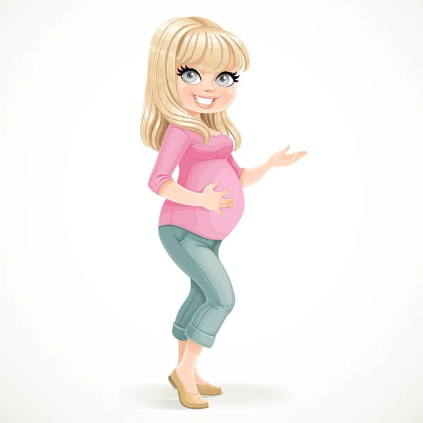 Cute Pregnant Blond Woman Standing White Background Showing Hand Side — Stock Vector