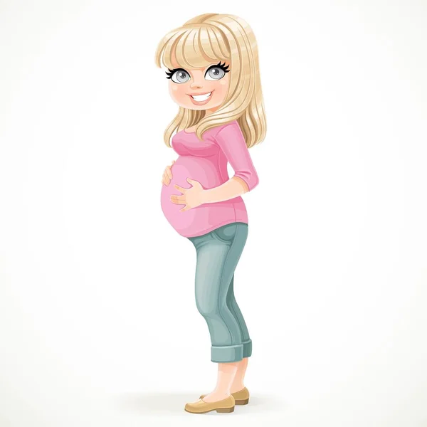 Cute Pregnant Blond Woman Standing White Background Holds Hands Big — Stock Vector