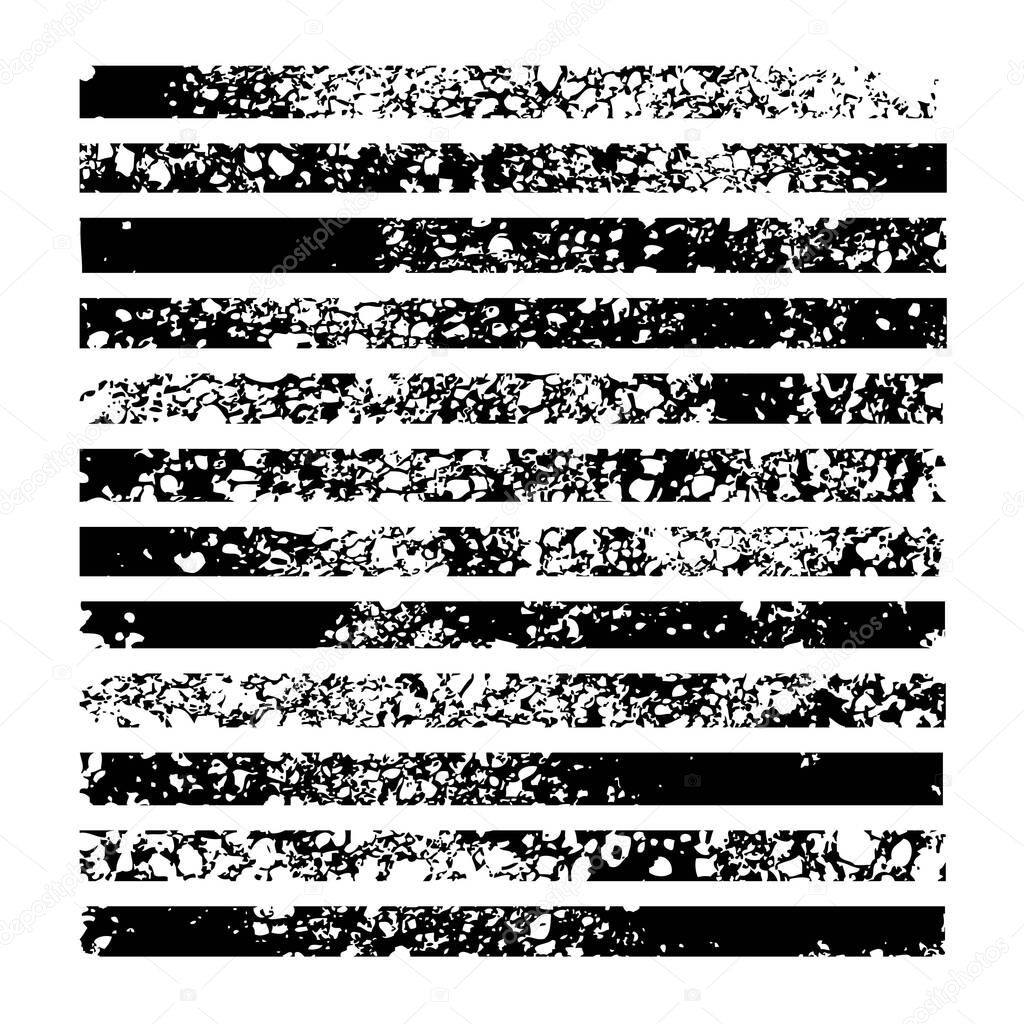 Big set of thin long abstract black imprint thick paint strokes isolated on white background
