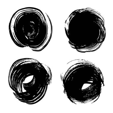 Beyaz zemin üzerinde izole edilmiş kaba kağıt üzerinde soyut desenli siyah daire vuruşları