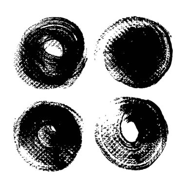 Soyut siyah yuvarlak desenli boya darbeleri beyaz arkaplanda izole edilmiş.