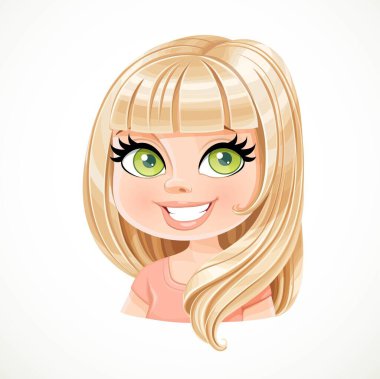 Güzel sarışın kız, düz saç uzunluğunda, omuz hizasında portresi beyaz arka planda izole edilmiş.