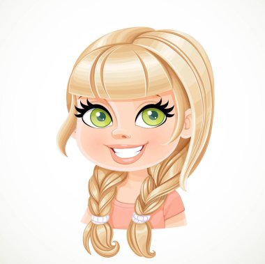 Saçları düz, saçları örgülü, beyaz arka planda izole edilmiş güzel bir sarışın kız.