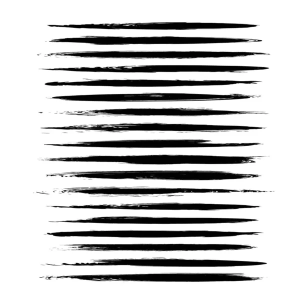 Black Thin Long Abstract Textured Paint Strokes Set Isolated White — Stock Vector