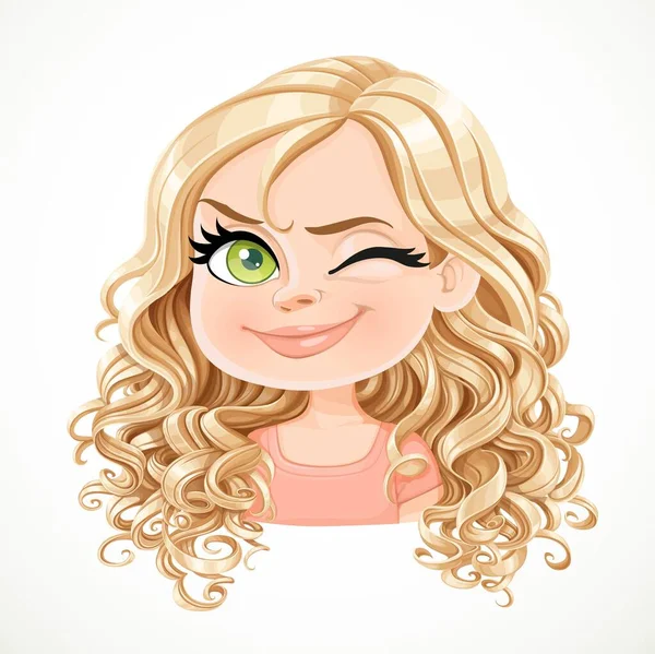 Belle Fille Blonde Avec Magnifiques Cheveux Bouclés Clin Oeil Portrait — Image vectorielle
