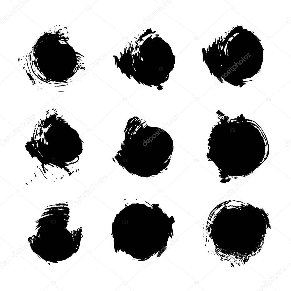 Black circle abstract textured paint strokes set isolated on white background