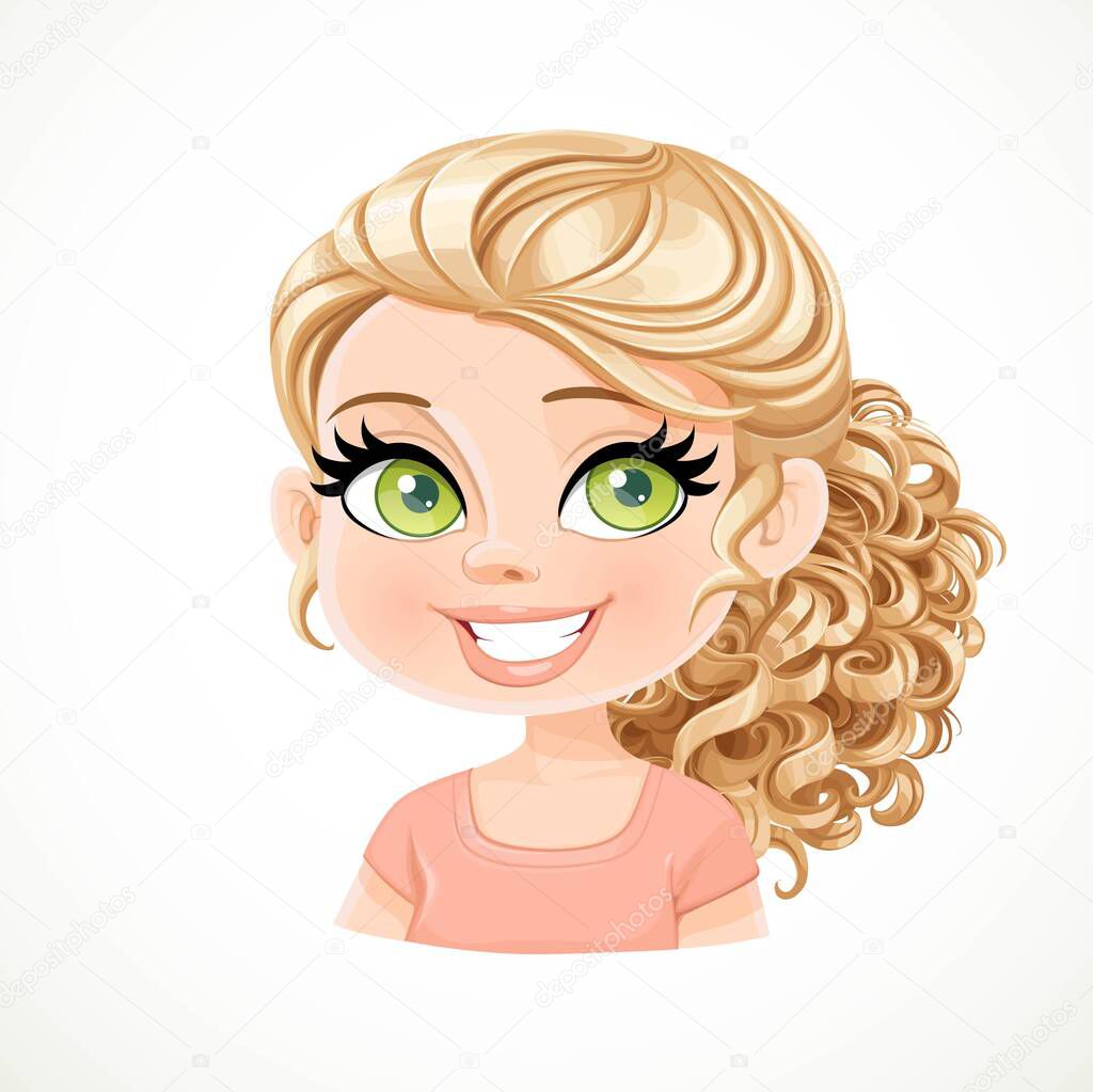 Beautiful blond girl with curled into tight ringlets hair gathered in a ponytail at the nape portrait isolated on white background