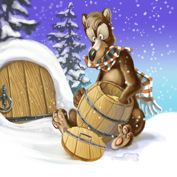 Niedźwiedź Kreskówki Obudził Się Środku Zimy Żeby Zjeść Miód Beczki — Zdjęcie stockowe