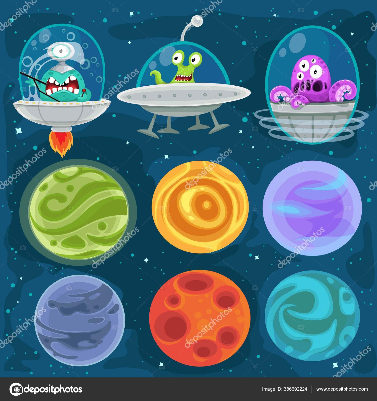 Cartoon Aliens Spaceships Set Planets Space Background Stock Vector Image by ©yadviga #386692224 Cartoon Aliens Spaceships Set Planets Space Background Stock Vector Image by ©yadviga #386692224
