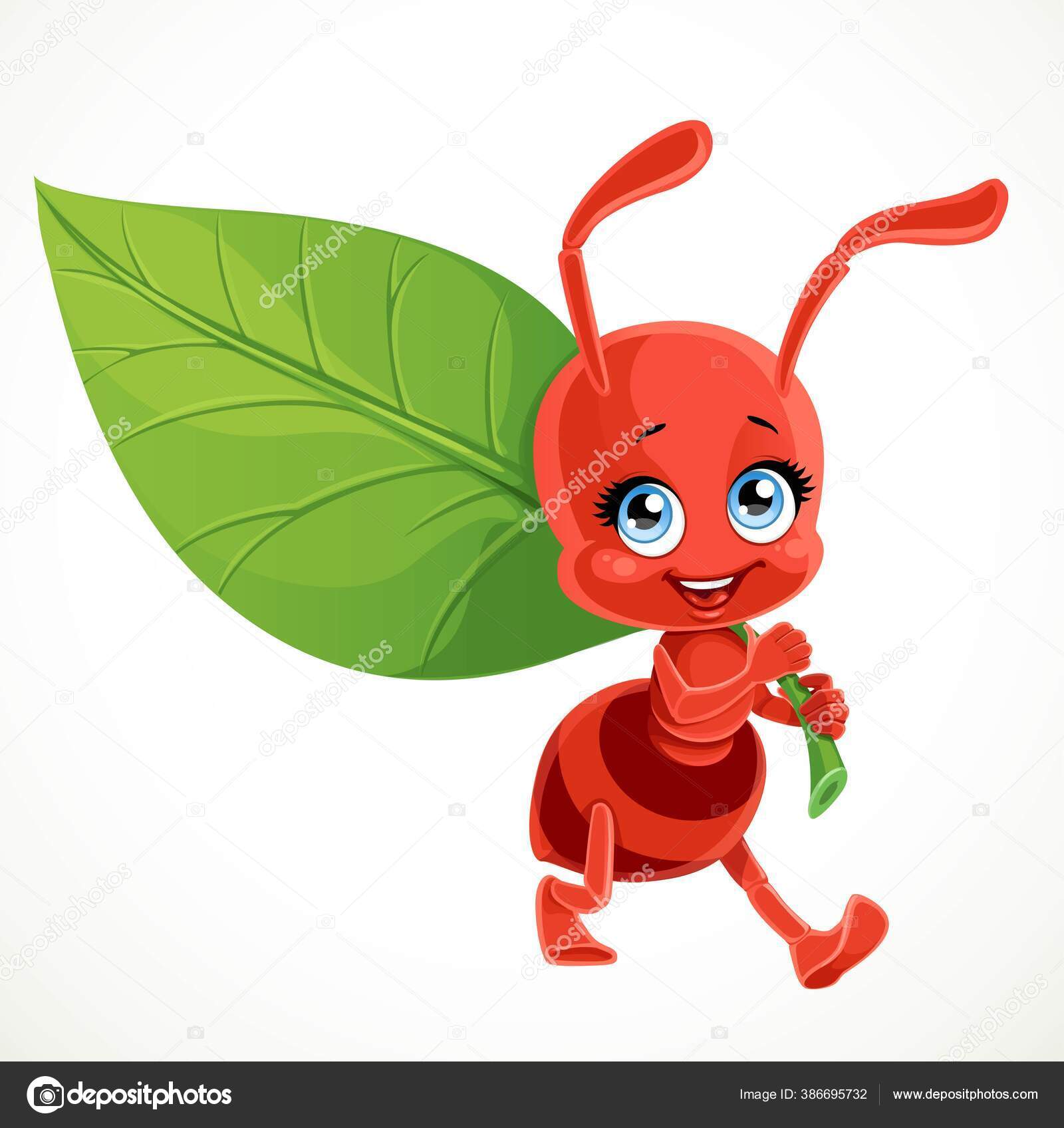 Cute Cartoon Red Ant Carries Green Leaf Isolated White Background Stock  Vector Image by ©yadviga #386695732