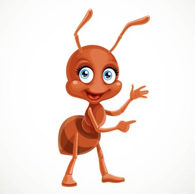 Sevimli karınca beyaz arka planda izole bir şey anlatıyor.