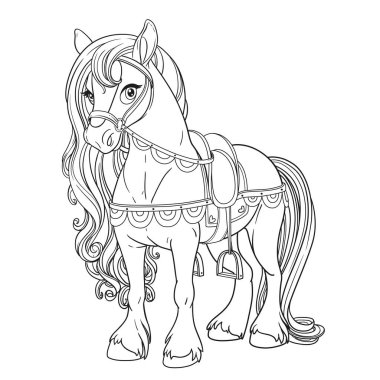 Beyaz arka plandaki boyama kitabı için eyere dizilmiş şirin bir at.