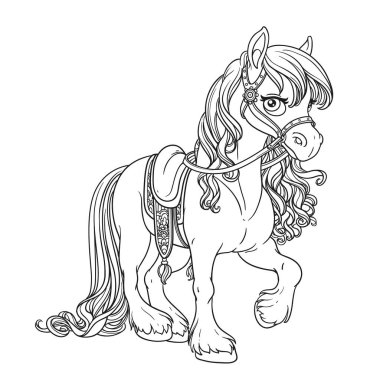 Beyaz arka plandaki boyama kitabı için özet çizilmiş, gür yeleli güzel bir at.