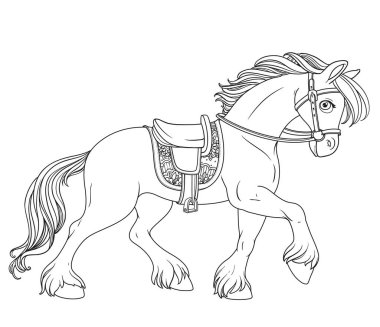 Koşumlu çizgi film atı, beyaz bir arka planda izole bir şekilde öne doğru koşar.