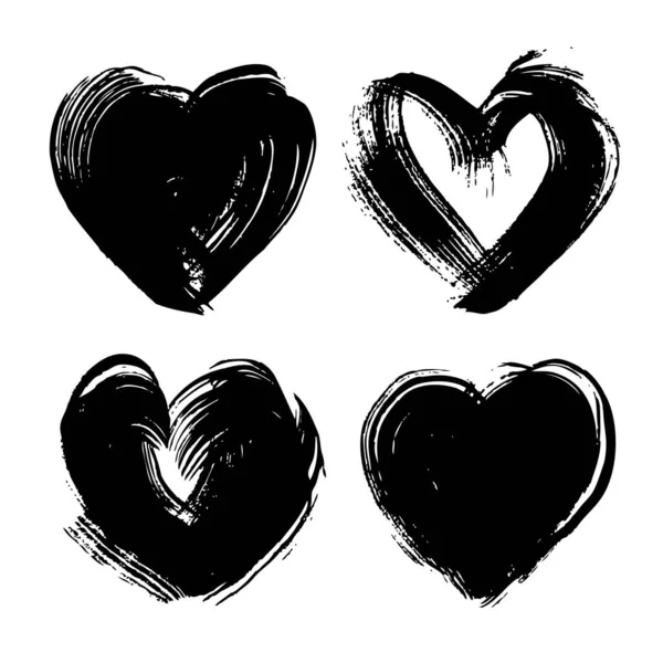 Abstract Black Ink Strokes Heart Shape Set Isolated White Background — Stock Vector