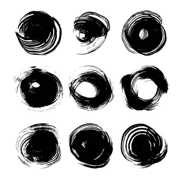 Absztrakt Nagy Fekete Kerek Tinta Stroke Készlet Elszigetelt Fehér Háttér — Stock Vector